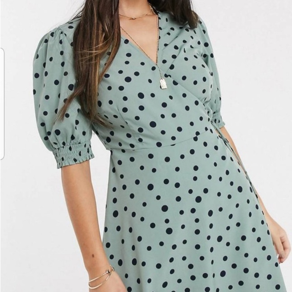 Vero Moda Mint Green Henna 2/4 Sleeve Wrap Mini Dress with Polka Print